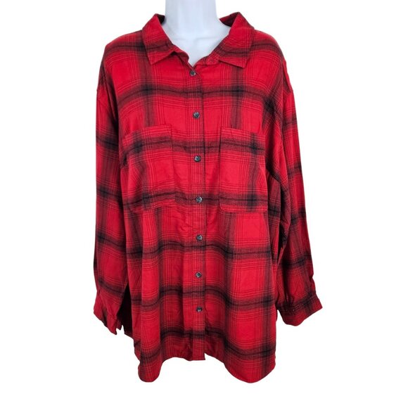 Ava & Viv Womens Red & Black Plaid Button-Down Shirt Size 2X Chest Pockets Cozy - Picture 1 of 10
